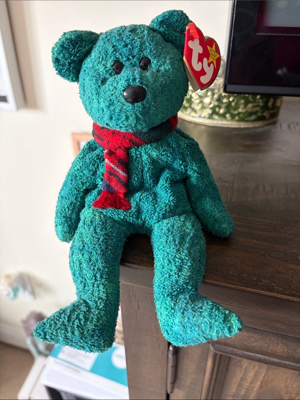 Ty WALACE ,Teal Plush  Teddy with Red Striped Scarf